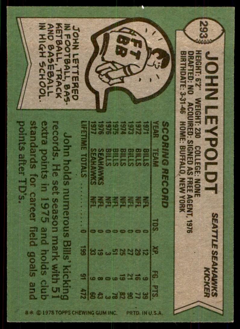 1978 Topps John Leypoldt b Seattle Seahawks #293