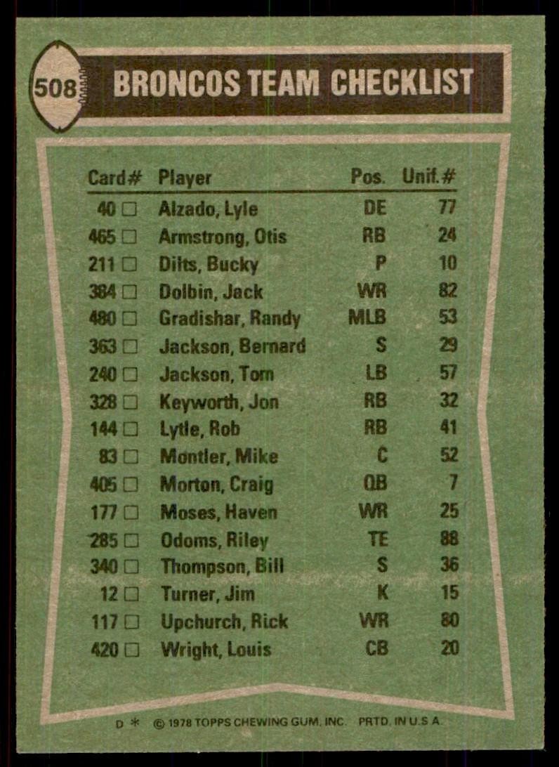 1978 Topps Otis Armstrong/Haven Moses/Bill Thompson/Rick Upchurch b Denver