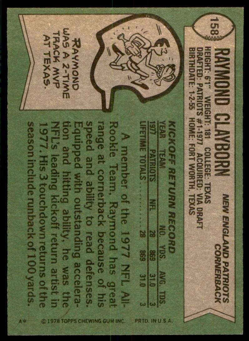 1978 Topps Raymond Clayborn Rookie b New England Patriots #158