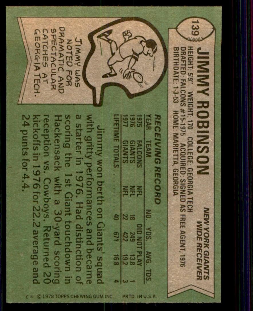 1978 Topps Jimmy Robinson Rookie b New York Giants #139