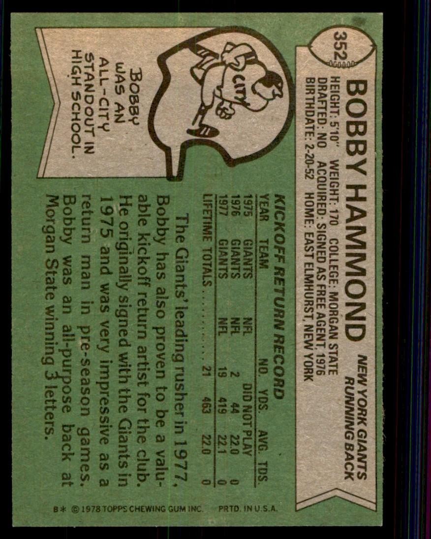 1978 Topps Bobby Hammond Rookie b New York Giants #352