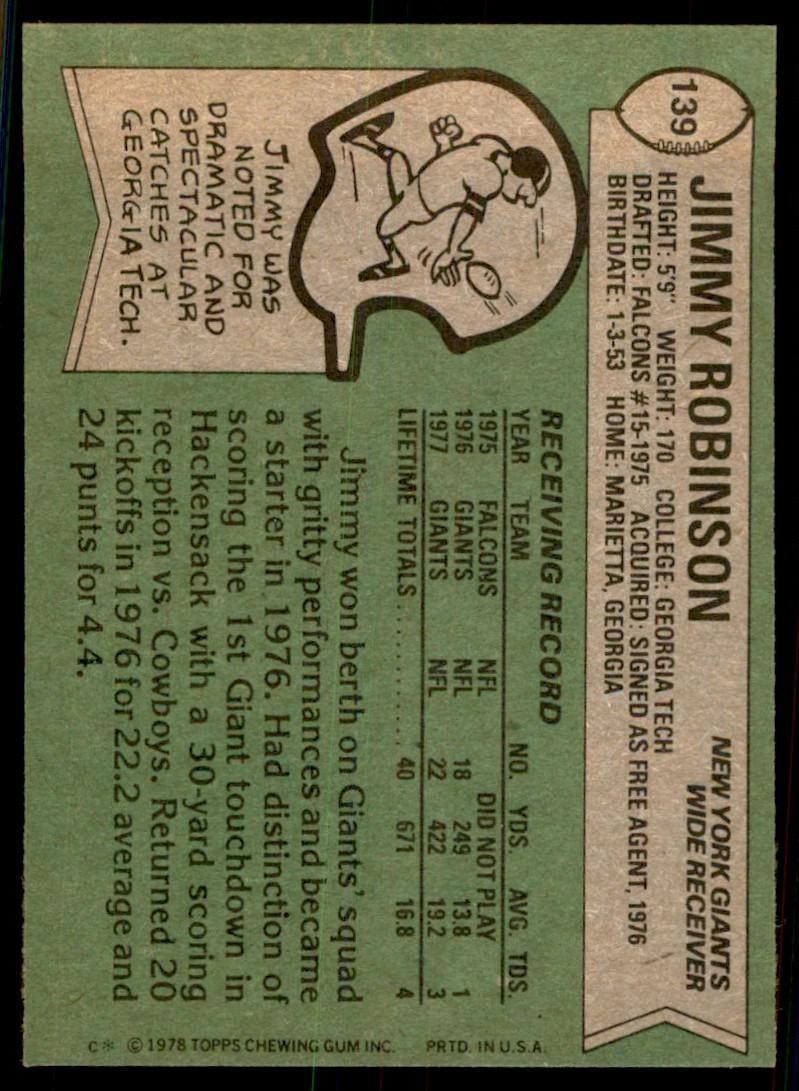 1978 Topps Jimmy Robinson Rookie c New York Giants #139