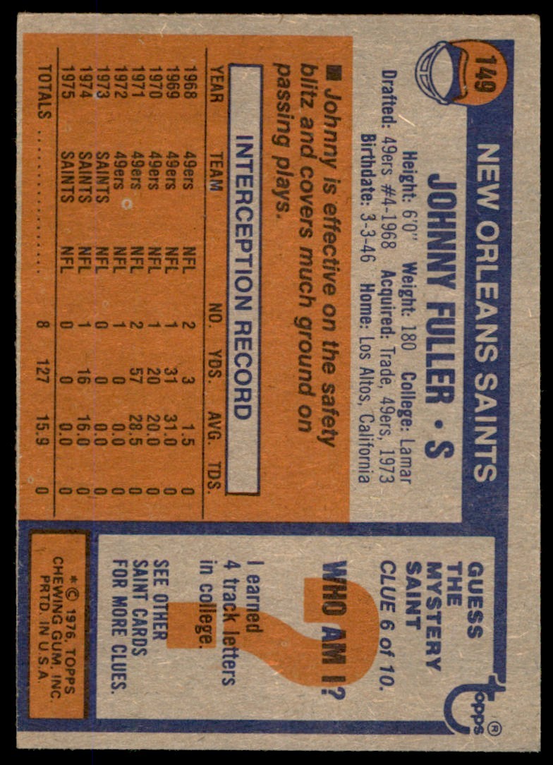 1976 TOPPS JOHNNY FULLER . NEW ORLEANS SAINTS #149