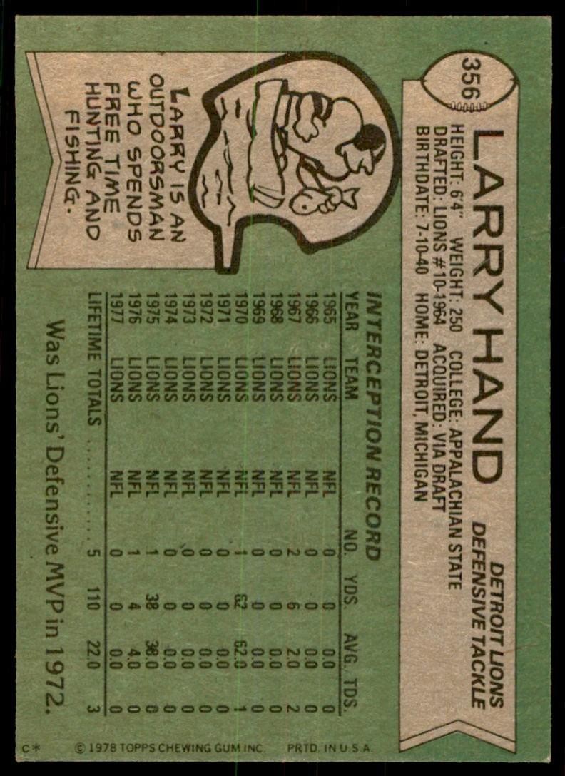 1978 Topps Larry Hand b Detroit Lions #356
