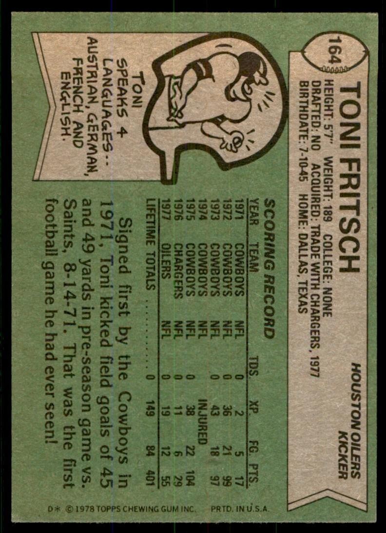 1978 Topps Toni Fritsch b Houston Oilers #164