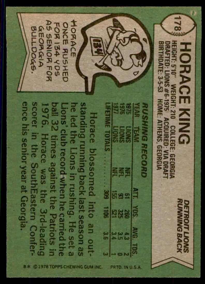 1978 Topps Horace King Rookie b Detroit Lions #178