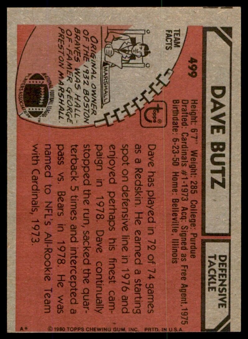 1980 Topps Dave Butz . Washington Redskins #499