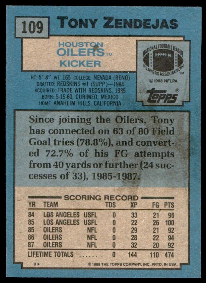 1988 Topps Tony Zendejas . Houston Oilers #109