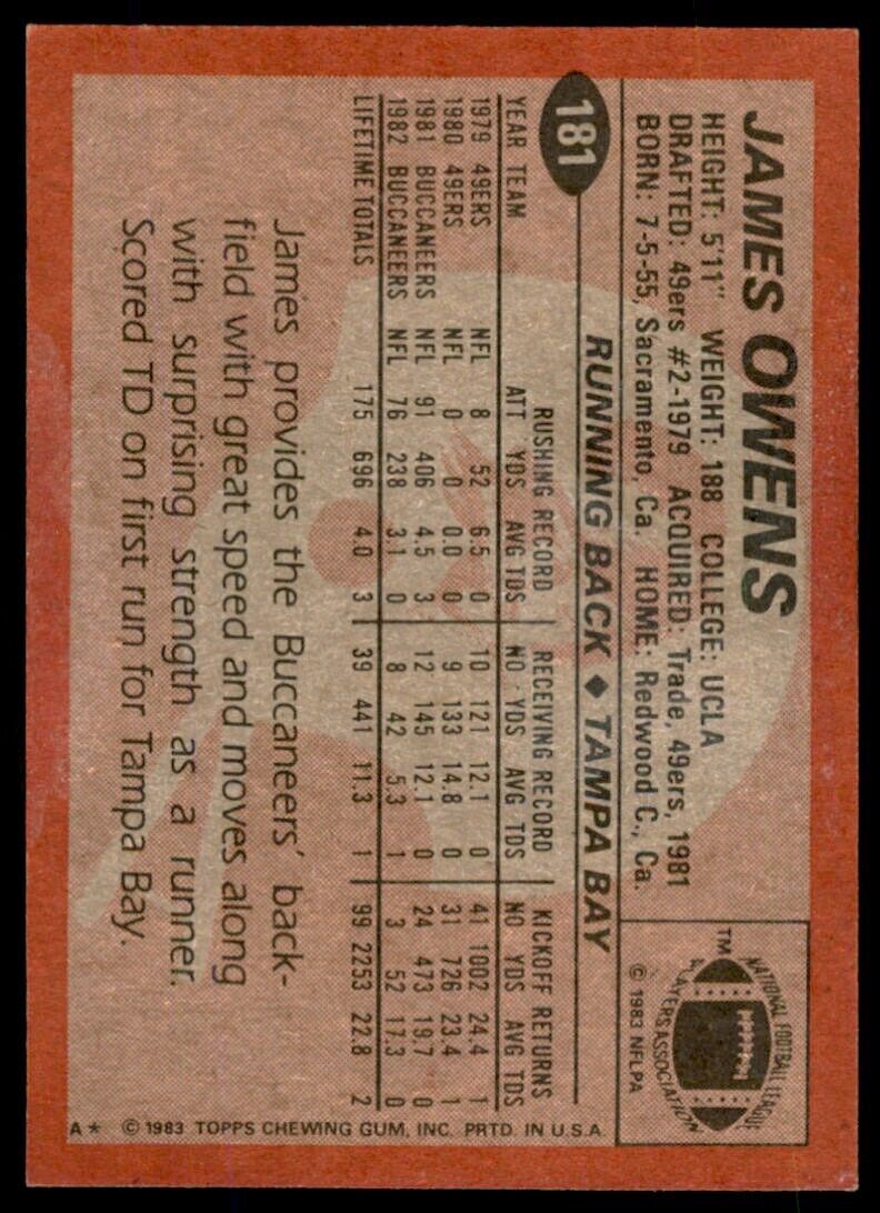 1983 TOPPS JAMES OWENS. . TAMPA BAY BUCCANEERS #181
