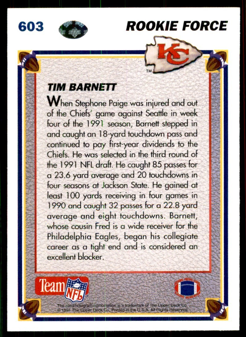 1991 Upper Deck High Series Tim Barnett . Kansas City Chiefs #603