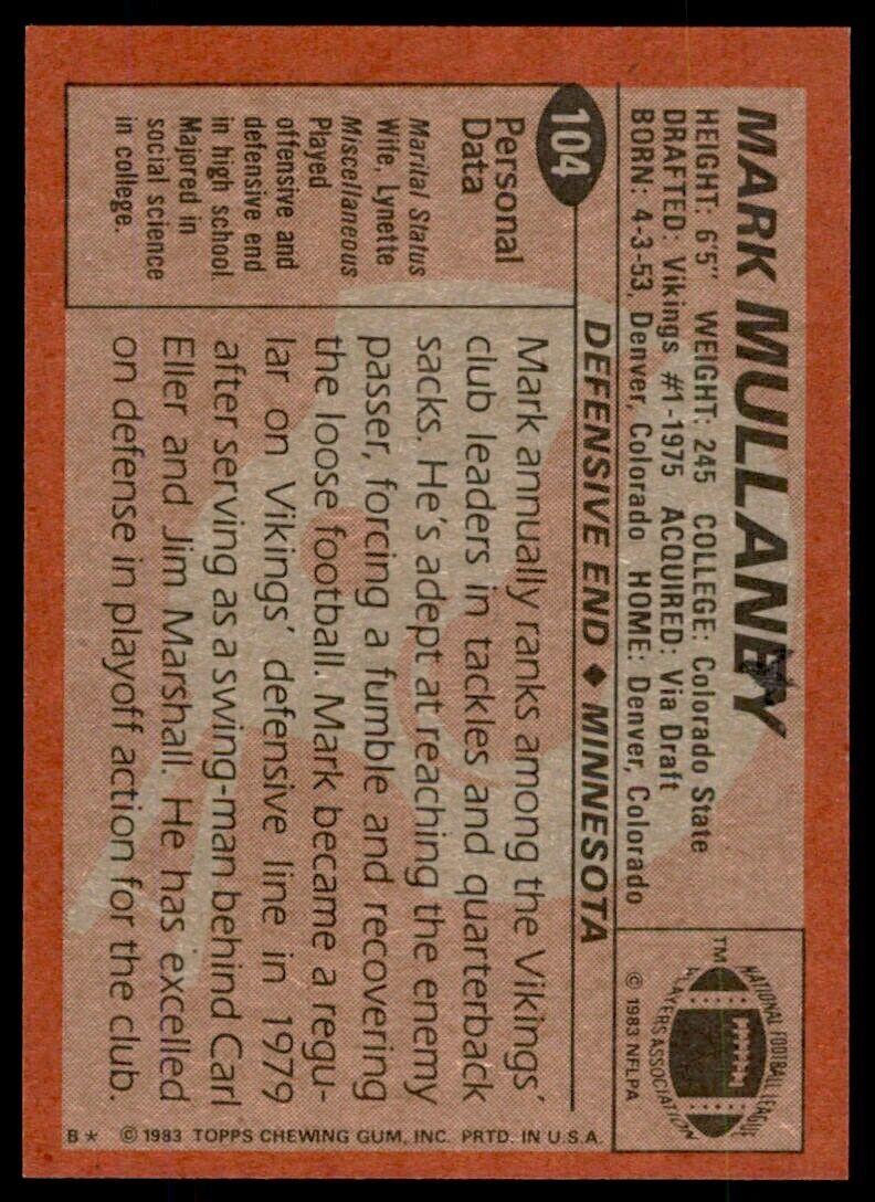 1983 TOPPS MARK MULLANEY . MINNESOTA VIKINGS. #104