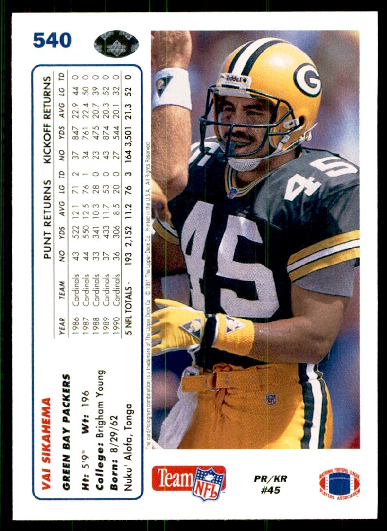 1991 Upper Deck High Series Vai Sikahema . Green Bay Packers #540