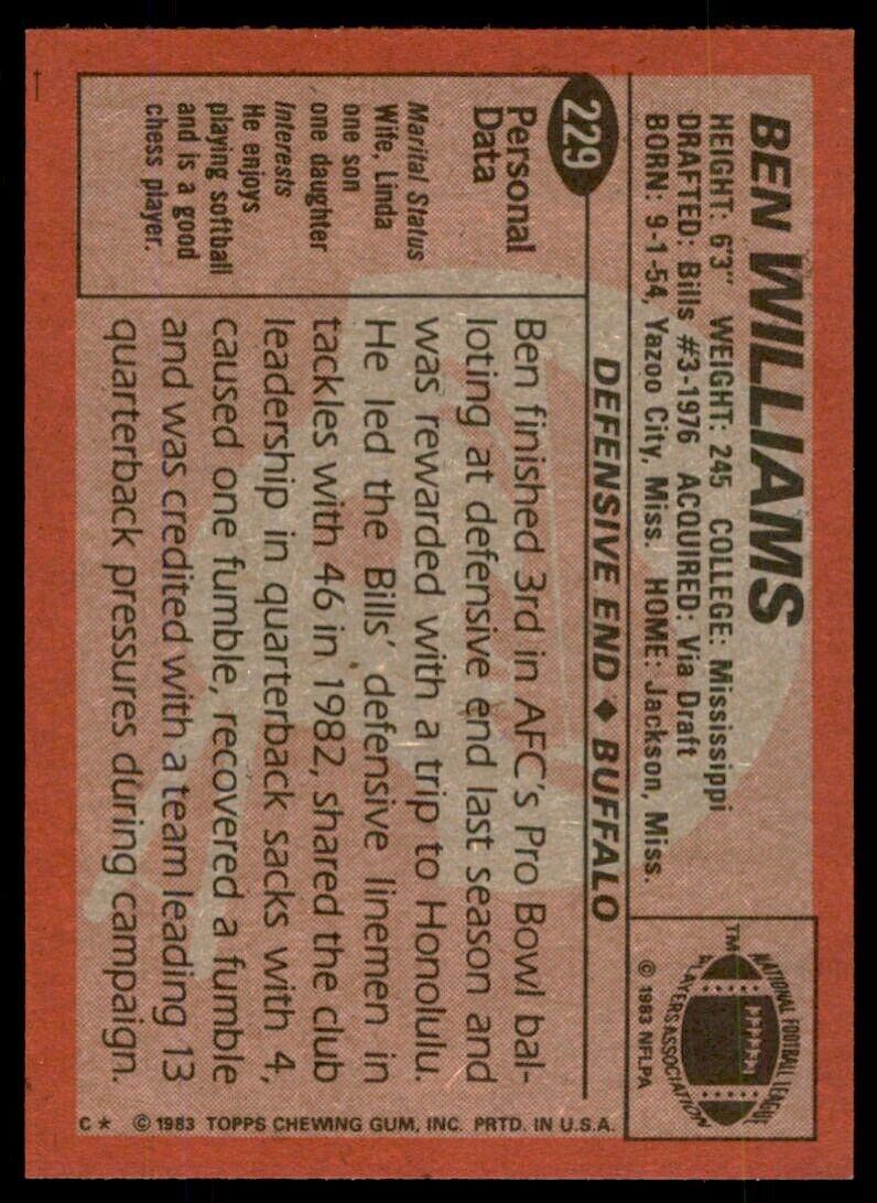 1983 TOPPS BEN WILLIAMS . BUFFALO BILLS #229