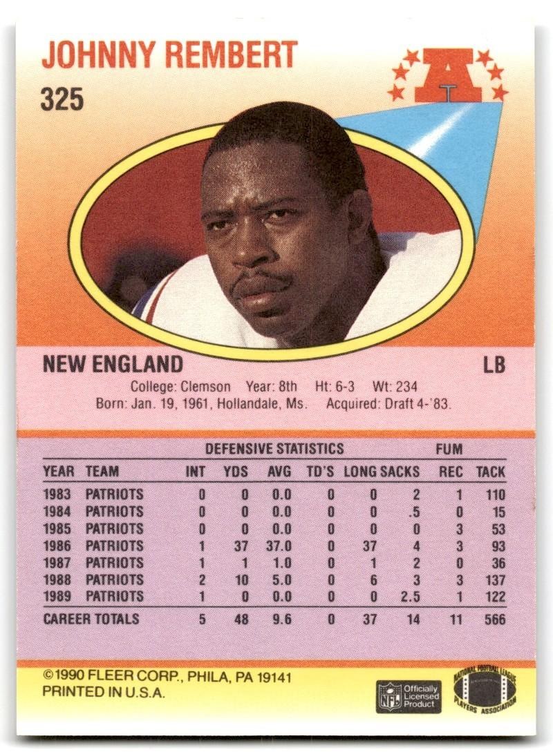 1990 Fleer Johnny Rembert New England Patriots #325