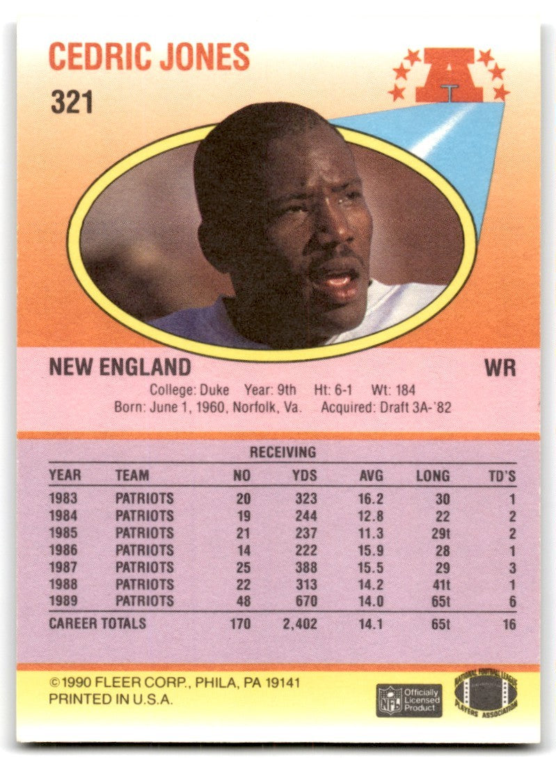 1990 Fleer Cedric Jones Rookie New England Patriots #321