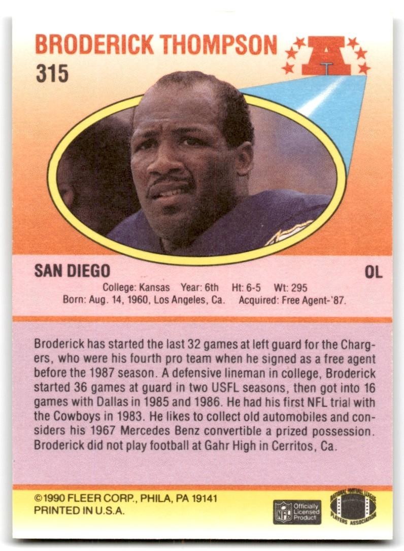 1990 Fleer Broderick Thompson Rookie San Diego Chargers #315