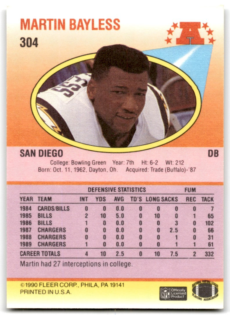 1990 Fleer Martin Bayless Rookie San Diego Chargers #304