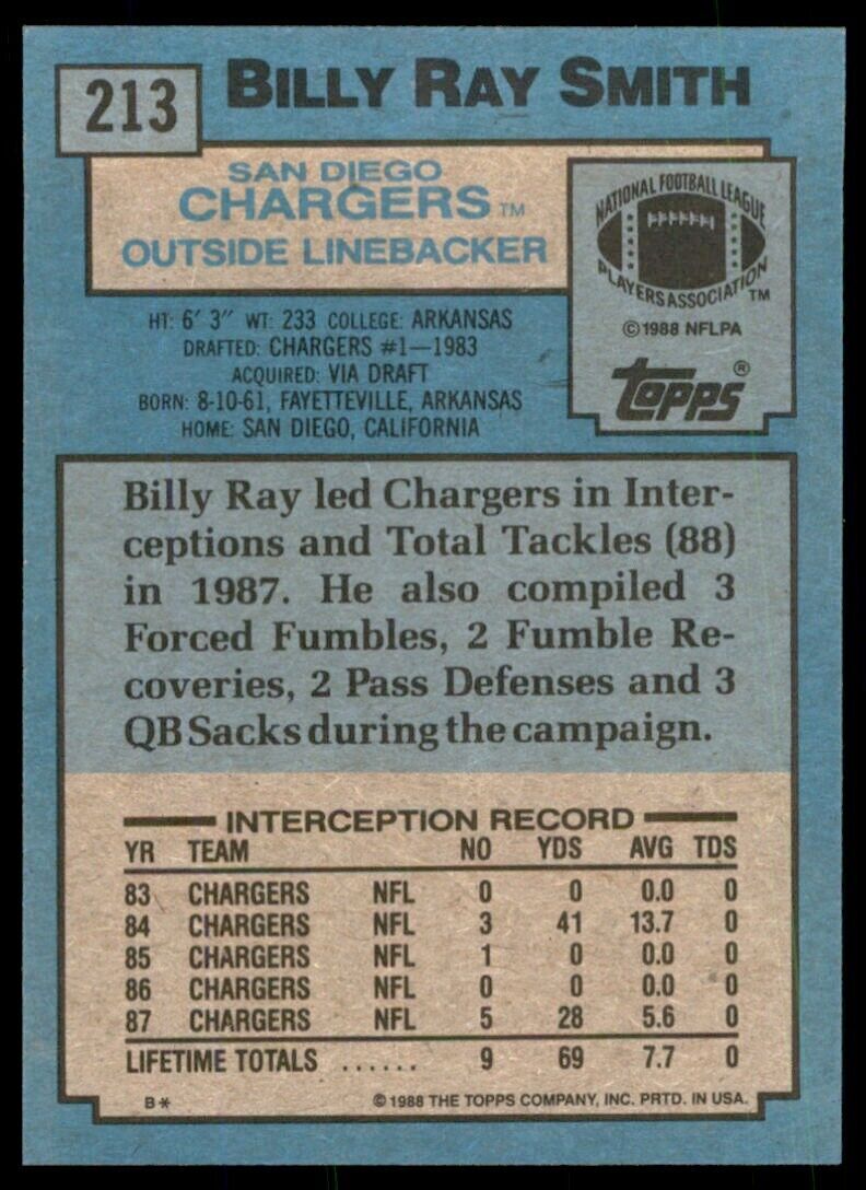 1988 TOPPS BILLY RAY SMITH . SAN DIEGO CHARGERS #213