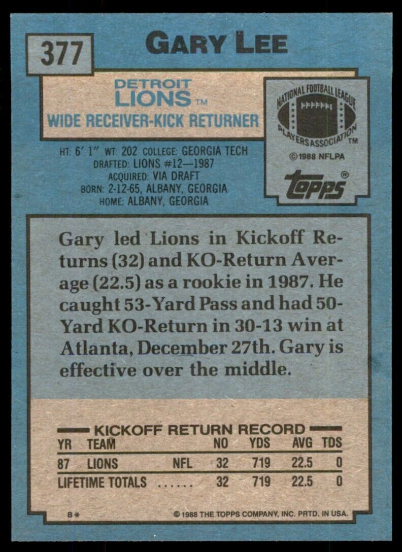 1988 TOPPS GARY LEE. . DETROIT LIONS #377