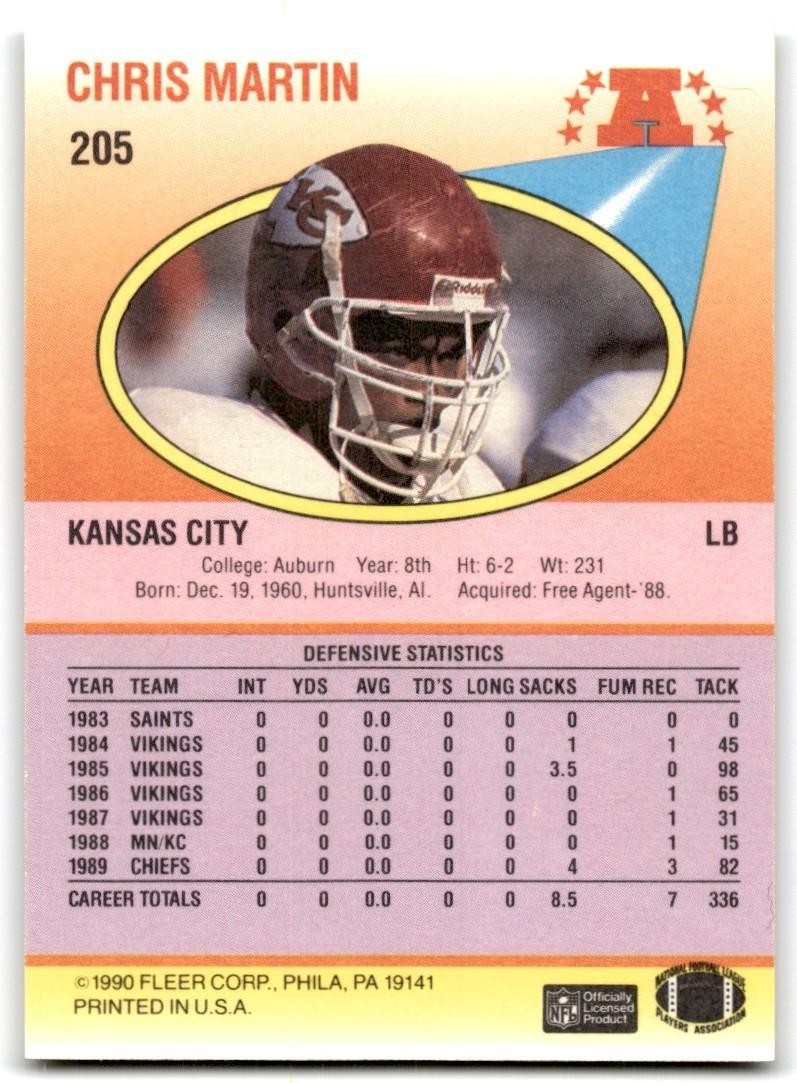 1990 Fleer Chris Martin Rookie Kansas City Chiefs #205