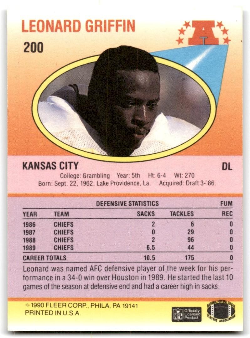 1990 Fleer Leonard Griffin Rookie Kansas City Chiefs #200