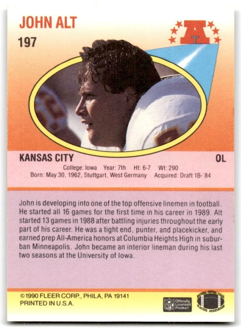 1990 Fleer John Alt Rookie Kansas City Chiefs #197