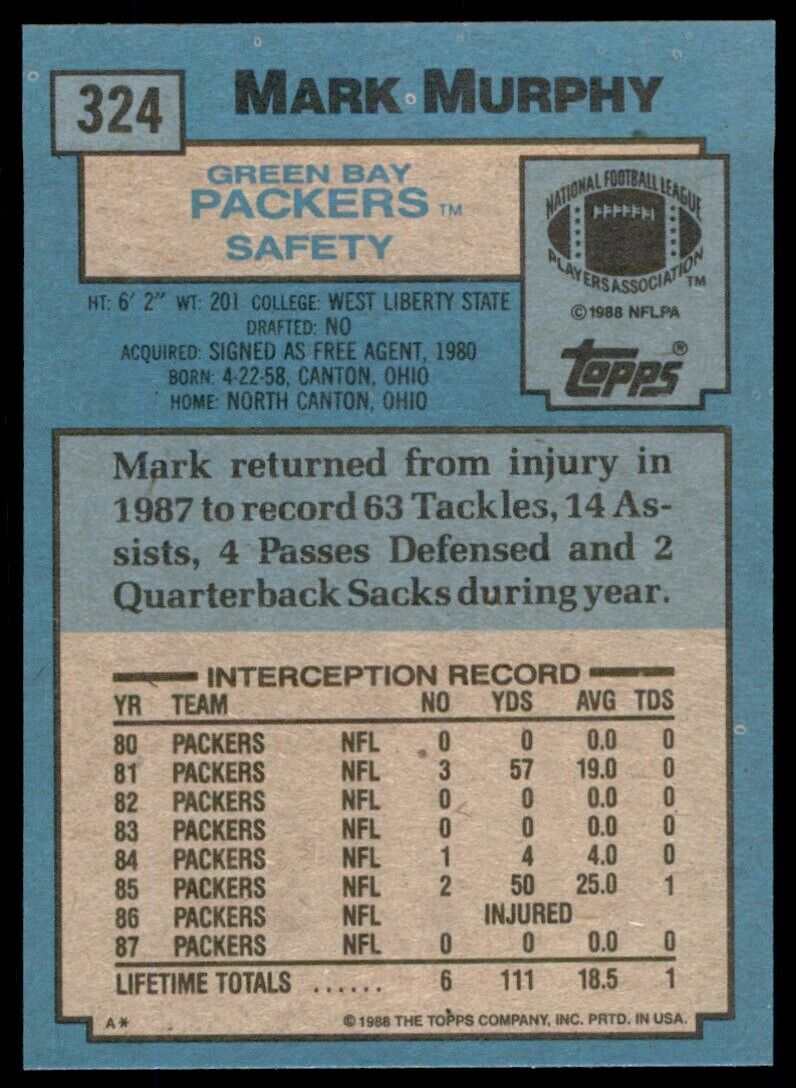 1988 TOPPS MARK MURPHY. . GREEN BAY PACKERS #324