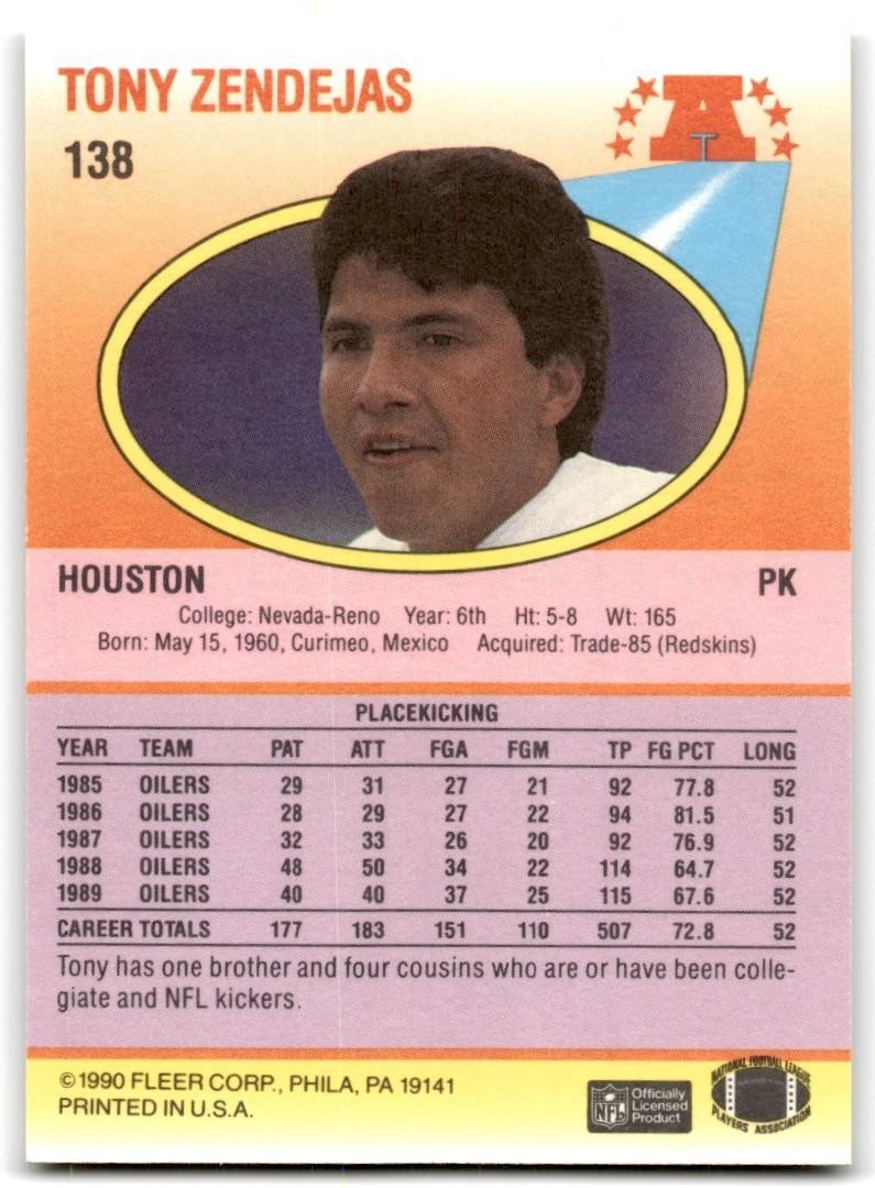 1990 Fleer Tony Zendejas Houston Oilers #138