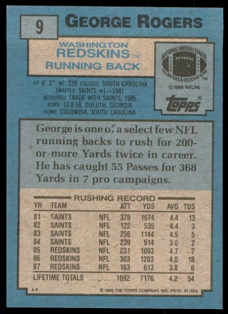 1988 TOPPS.. GEORGE ROGERS . WASHINGTON REDSKINS #9