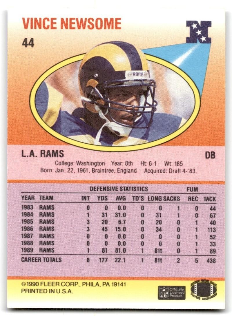 1990 Fleer Vince Newsome Rookie Los Angeles Rams #44