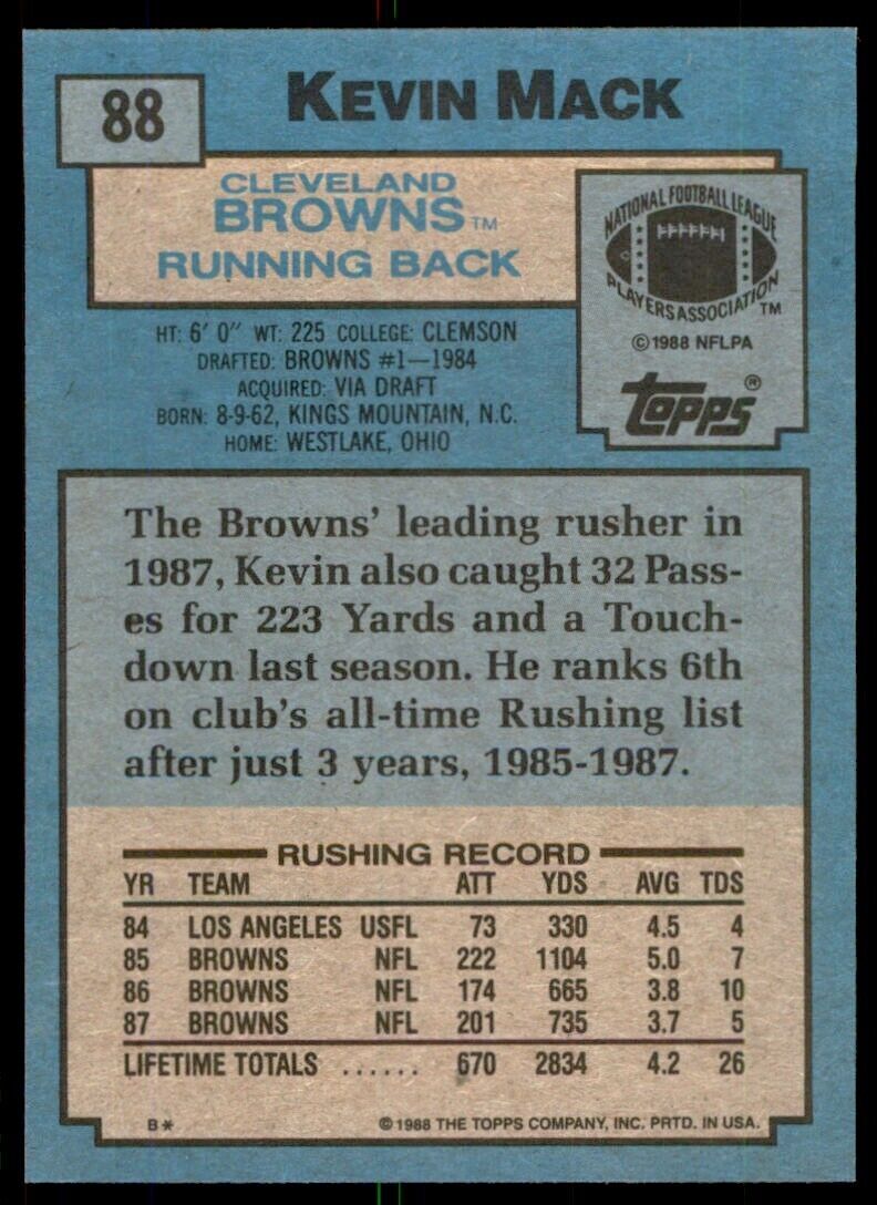 1988 TOPPS. KEVIN MACK . CLEVELAND BROWNS #88