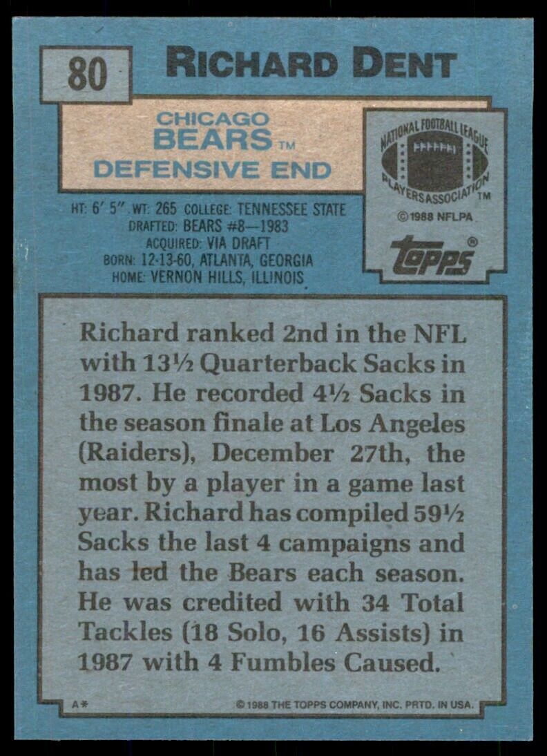 1988 TOPPS RICHARD DENT. . CHICAGO BEARS #80