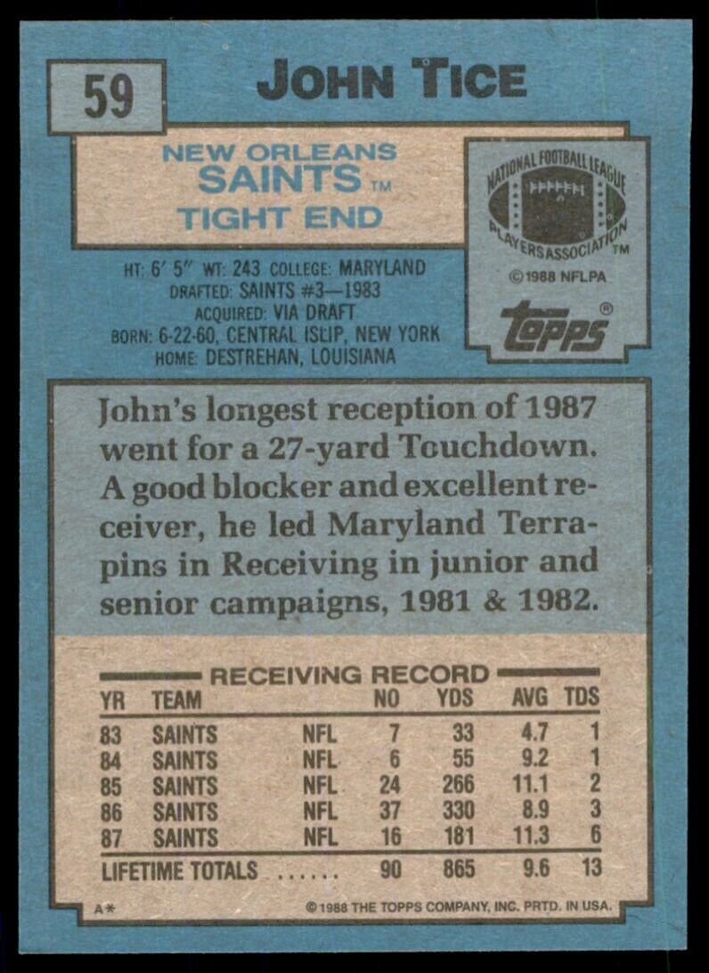 1988 TOPPS JOHN TICE. . NEW ORLEANS SAINTS #59