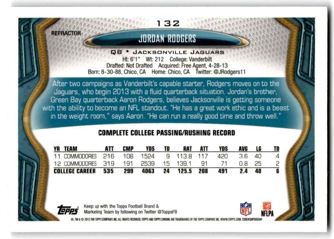 2013 Topps Chrome Refractors Jordan Rodgers Football Cards #132