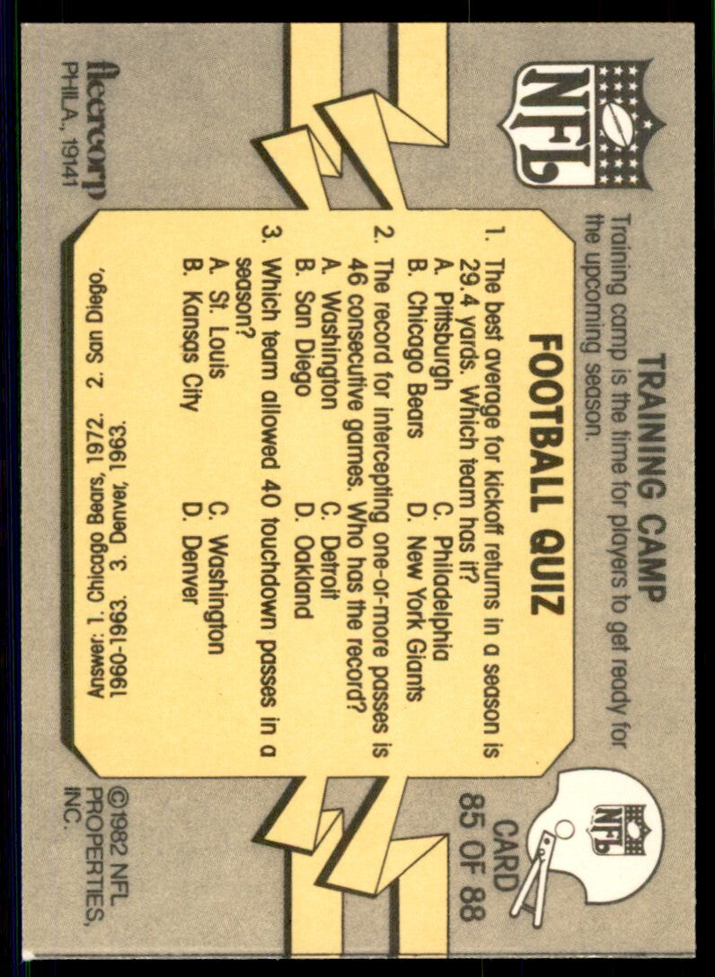 1982 Fleer Football Team Action Training Camp . #85