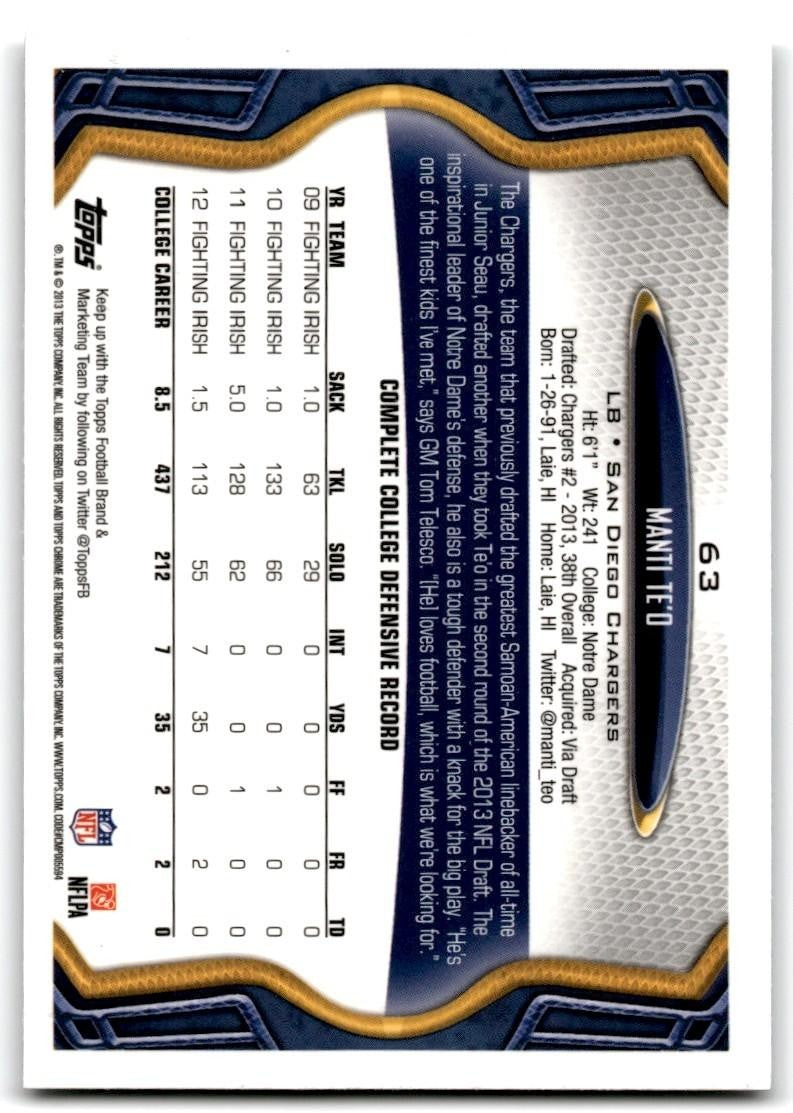 2013 Topps Chrome Manti Te'o Football Cards #63