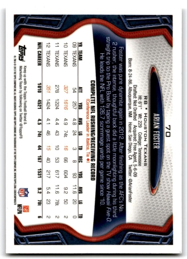 2013 Topps Chrome Arian Foster Football Cards #70