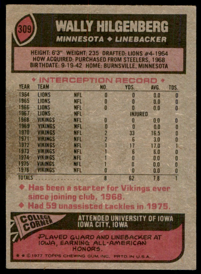 1977 TOPPS WALLY HILGENBERG . MINNESOTA VIKINGS #309