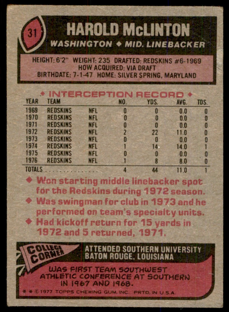 1977 TOPPS HAROLD MCLINTON . WASHINGTON REDSKINS #31