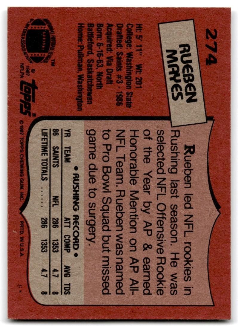 1987 Topps rueben mayes Rookie b Football Card #274