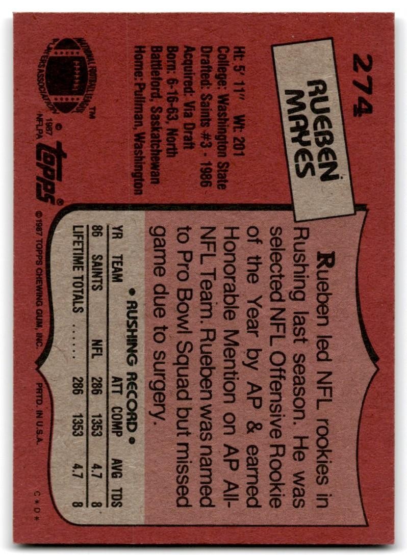 1987 Topps Rueben Mayes Rookie c Football Card #274