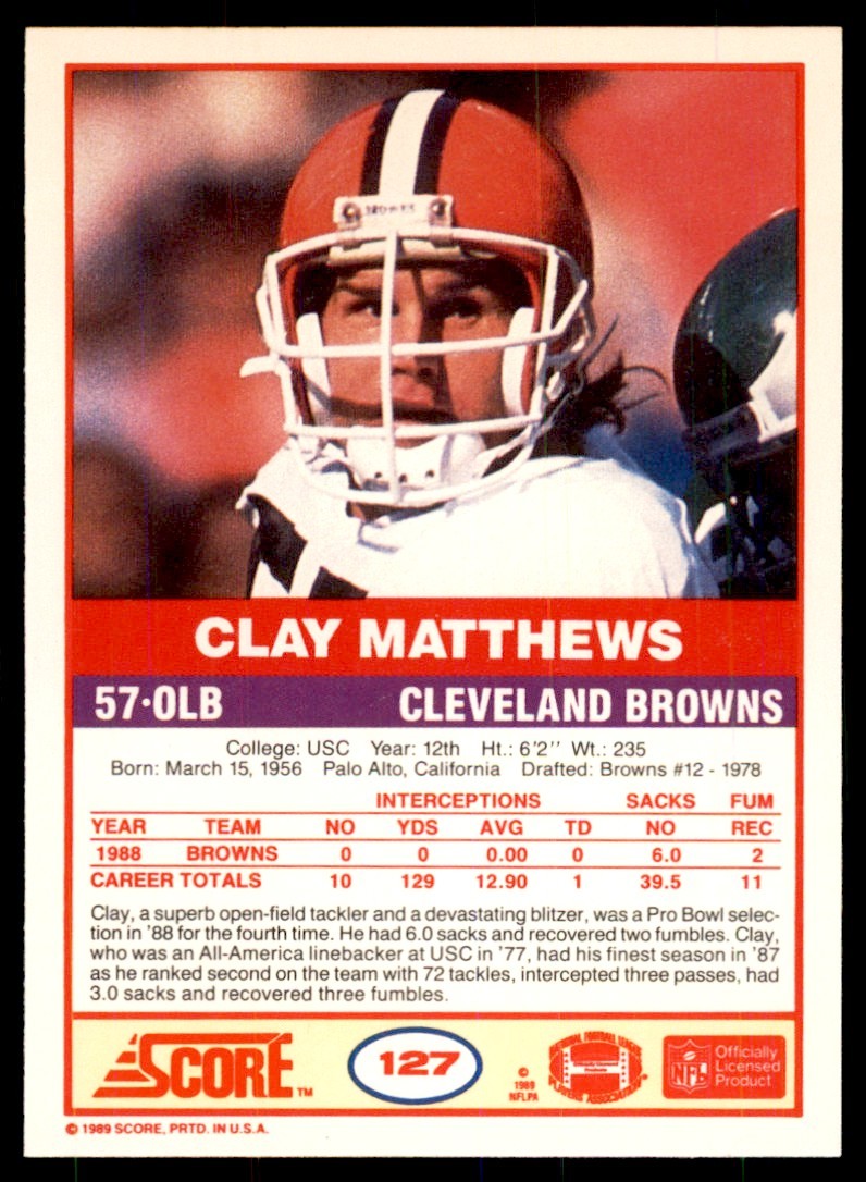 1989 SCORE CLAY MATTHEWS . CLEVELAND BROWNS #127