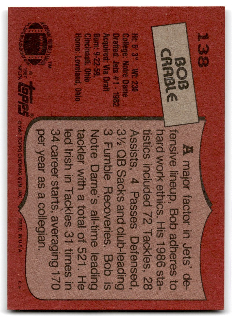 1987 Topps Bob Crable Rookie a Football Card #138