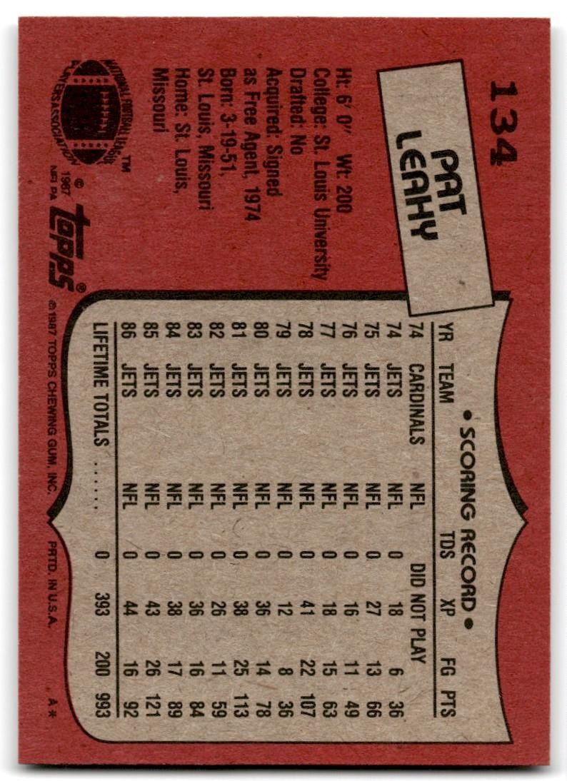 1987 Topps Pat Leahy p Football Card #134