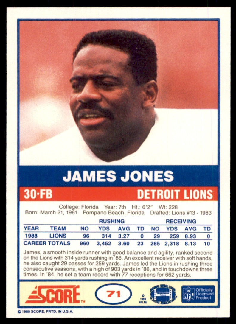 1989 SCORE JAMES JONES . DETROIT LIONS #71