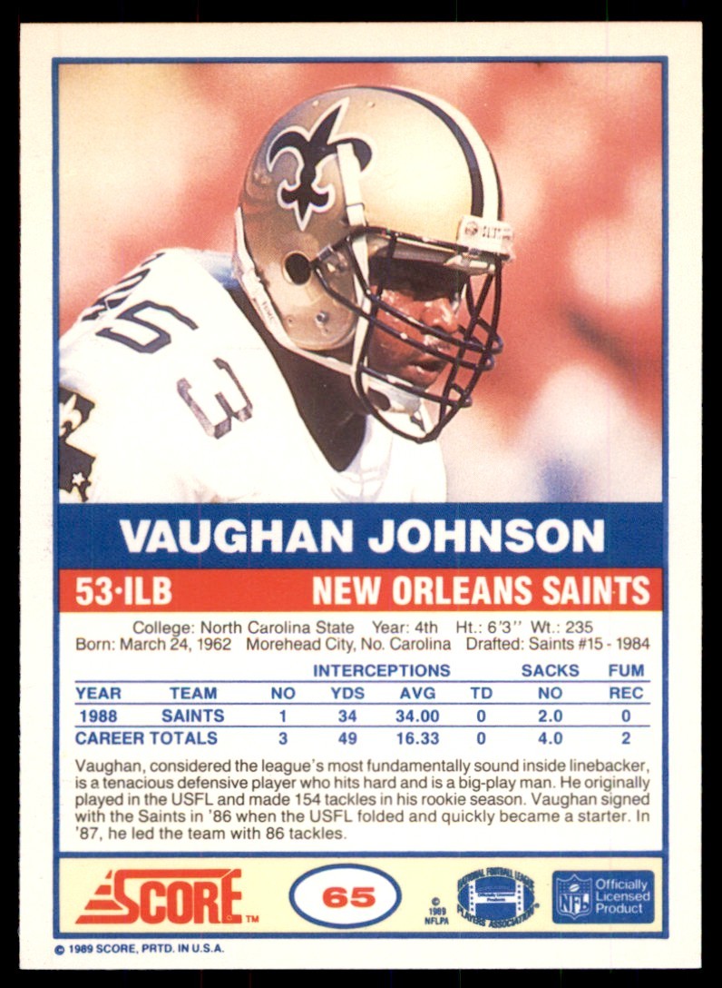 1989 SCORE VAUGHAN JOHNSON . NEW ORLEANS SAINTS #65