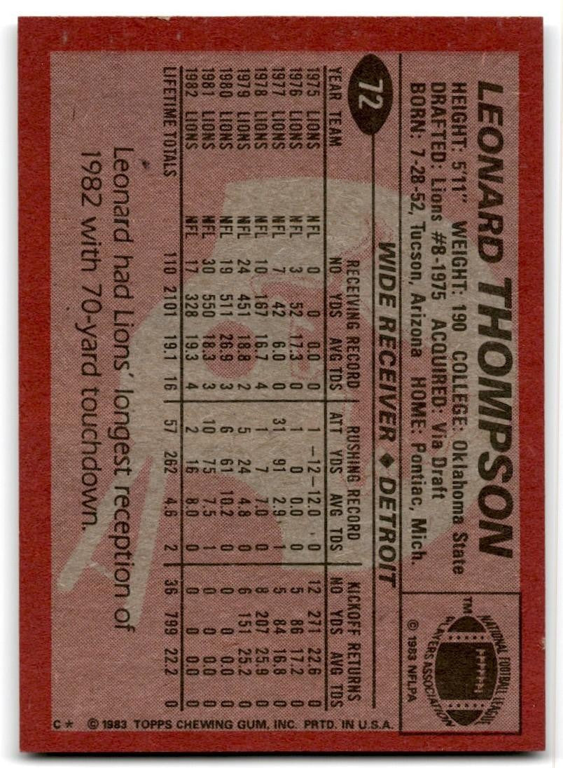 1983 Topps Leonard Thompson a Football Card #72