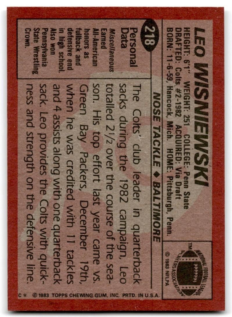 1983 Topps Leo Wisniewski Rookie c Football Card #218