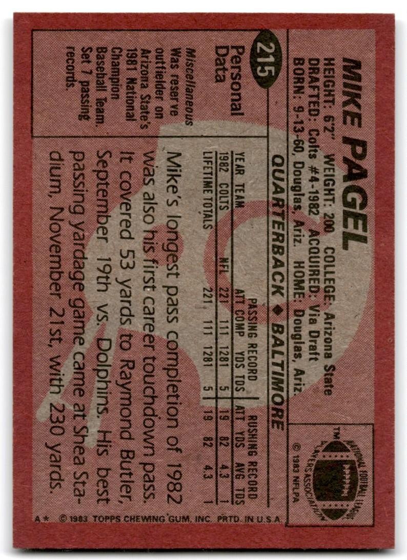 1983 Topps Mike Pagel Rookie a Football Card #215
