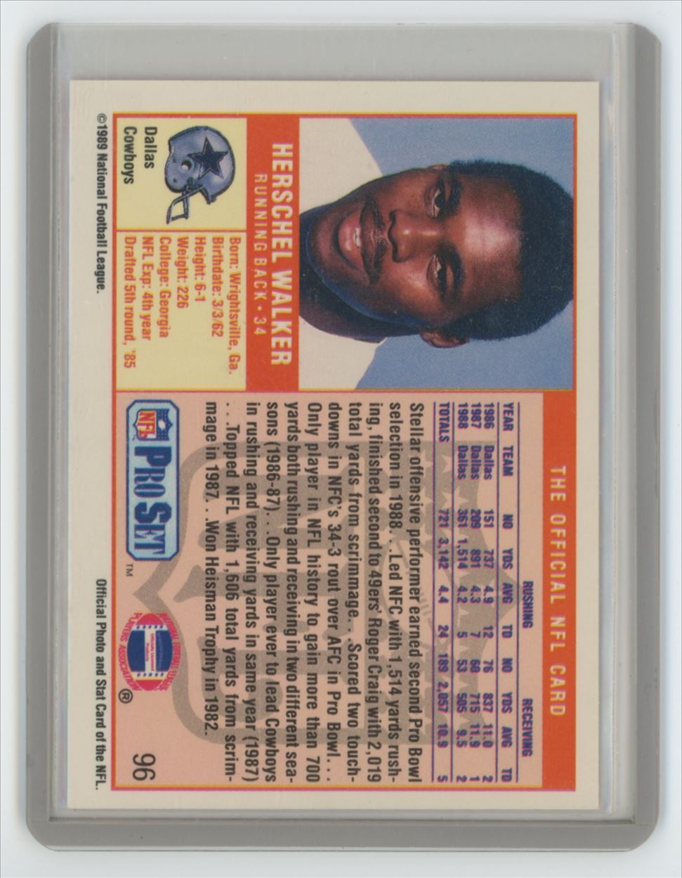 1989 Pro Set Herschel Walker . Dallas Cowboys #96